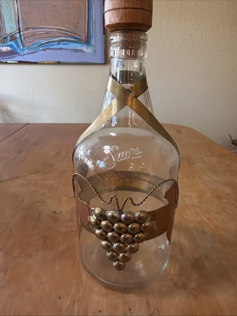 Vintage Glass Decanter with Copper & Brass Grape Vine Overlay Design Wooden Top
